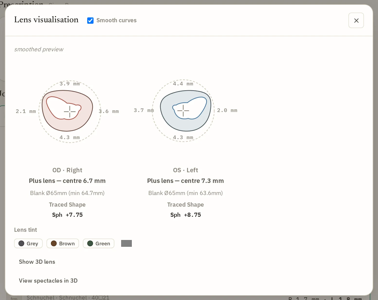 Cyclos lens visualisation showing both eyes' traced lens shapes with edge thickness in millimetres at each meridian, blank sizes and a lens tint picker.