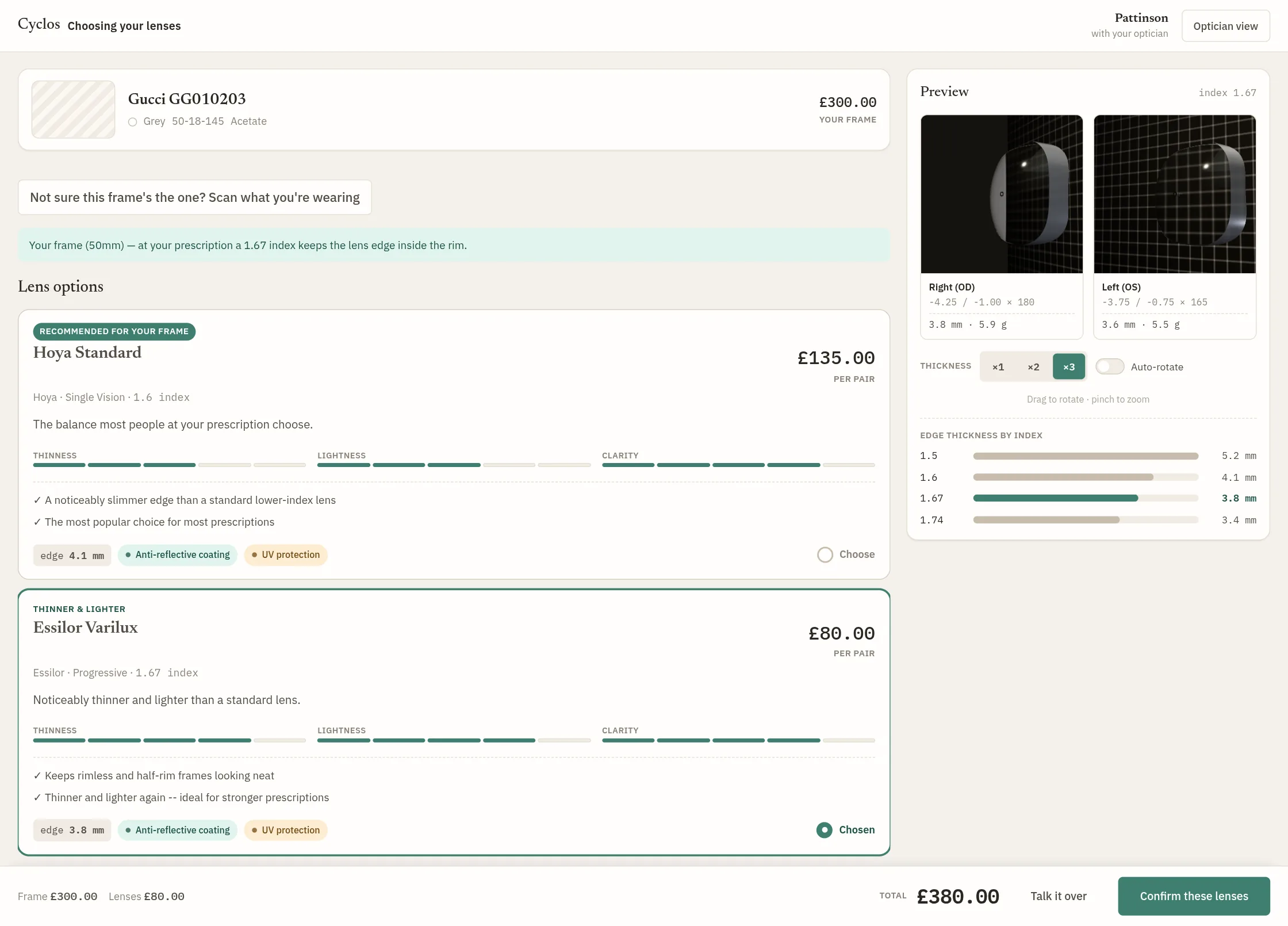 The Cyclos lens advisor on a tablet, listing recommended lenses ranked with plain-English reasons and prices.