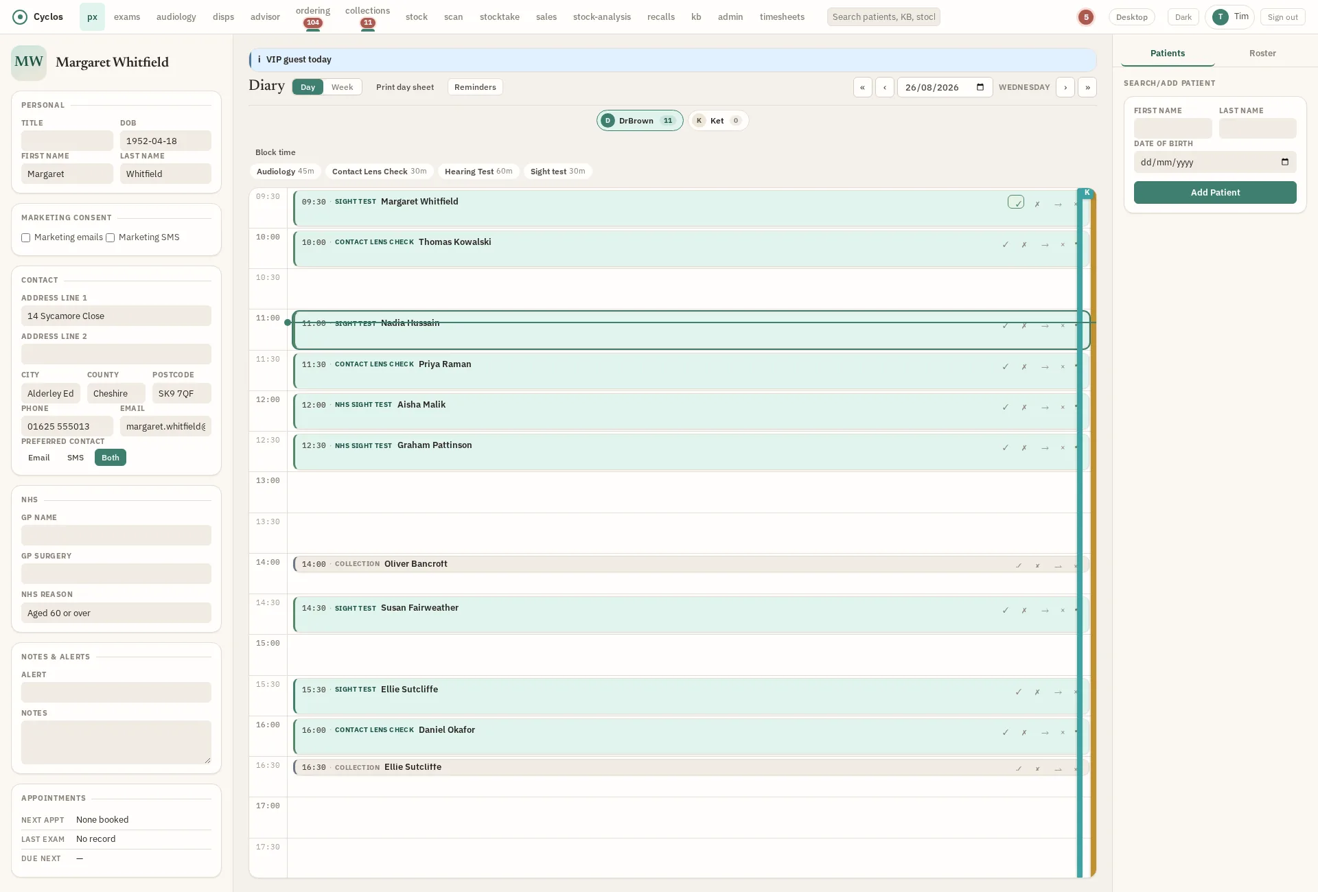 Cyclos diary day view: appointments by clinician and type down the timeline, with a patient record open in the left-hand panel.
