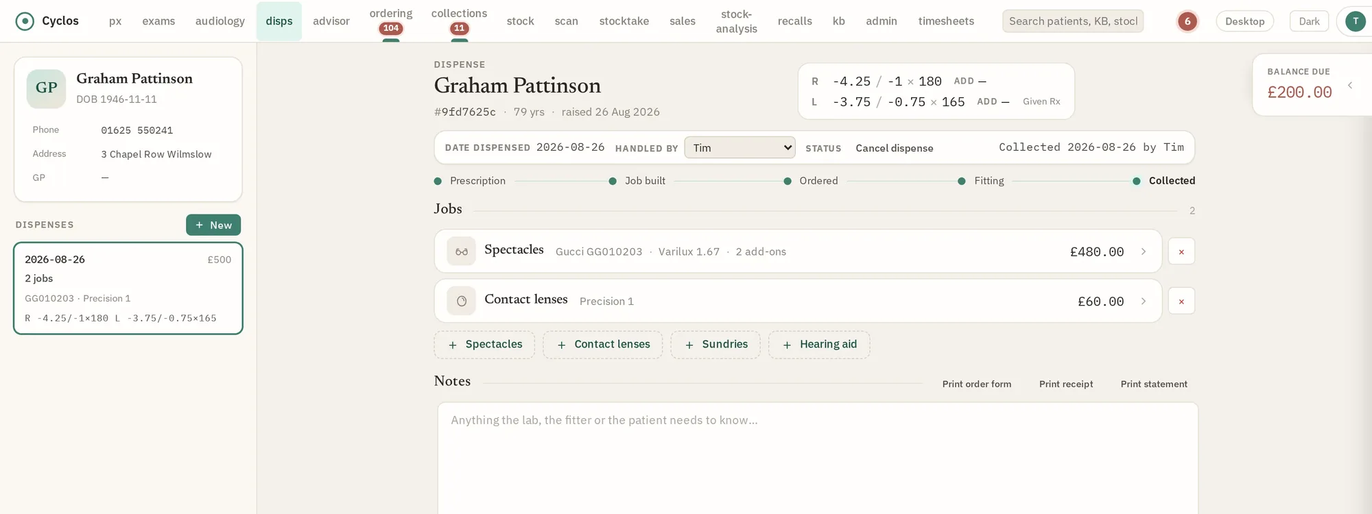 The Cyclos dispense sheet: patient record, journey ribbon, prescription strip and one line per job, with the balance due alongside.