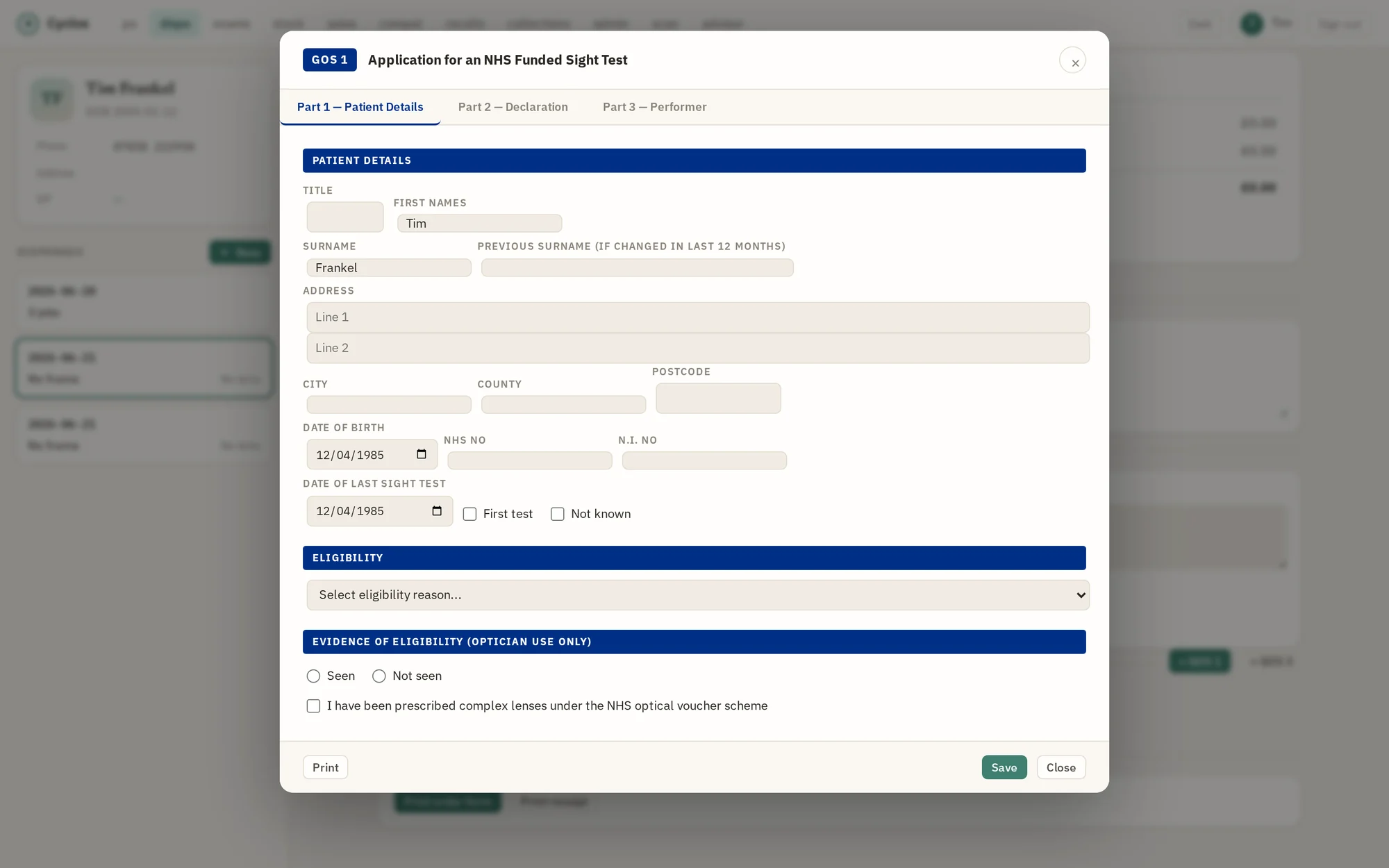 Cyclos GOS 1 NHS-funded sight test form with patient details and eligibility sections.