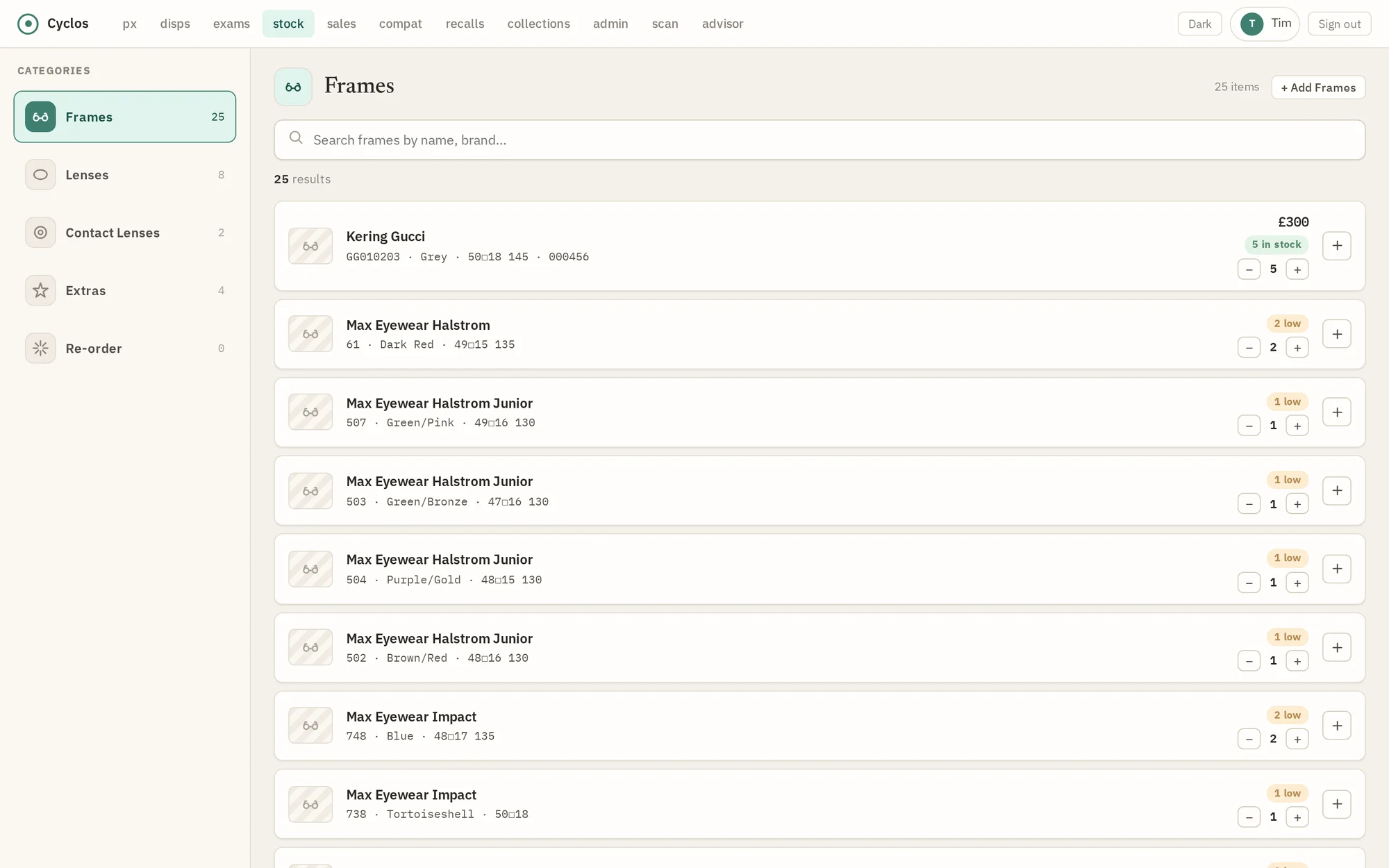 Cyclos stock screen listing frames with brand, colour, size and stock levels.